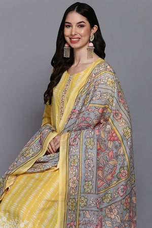 Rayon Yellow Printed Straight Kurti Pant With Dupatta
