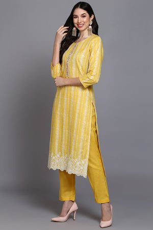 Rayon Yellow Printed Straight Kurti Pant With Dupatta