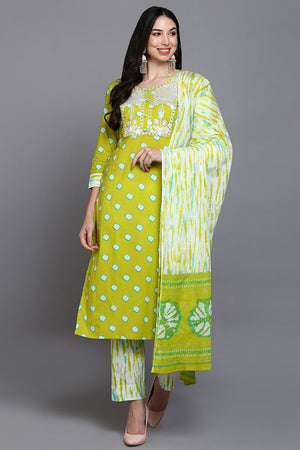 Cotton Green Bandhani Printed Straight Kurti Pant With Dupatta