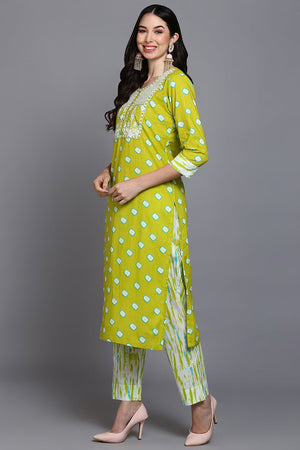 Cotton Green Bandhani Printed Straight Kurti Pant With Dupatta