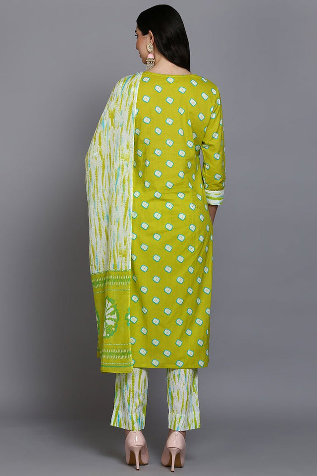 Cotton Green Bandhani Printed Straight Kurti Pant With Dupatta