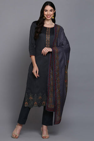 Cotton Grey Embroidered Straight Kurti Pant With Dupatta