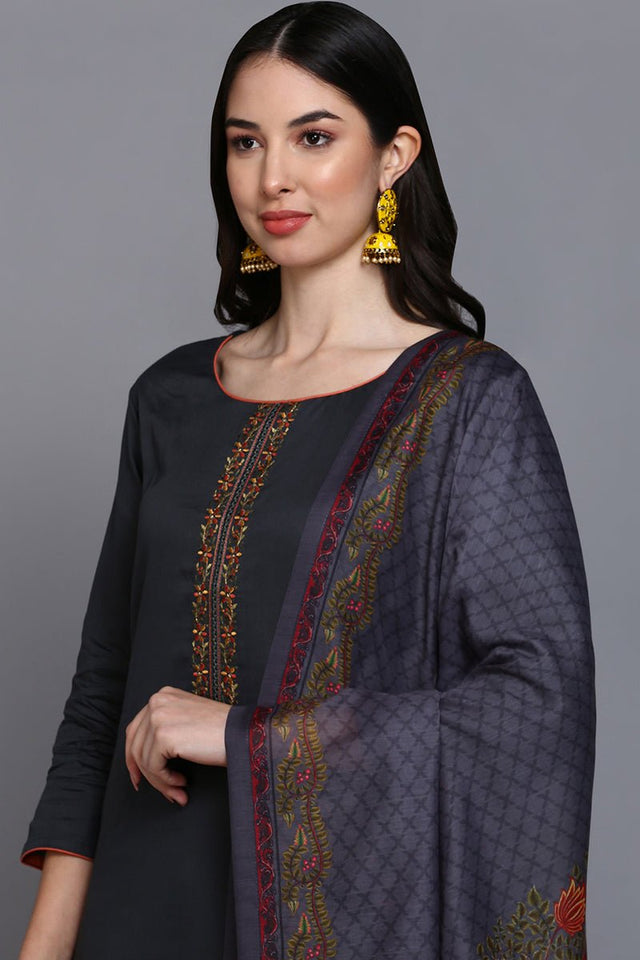 Cotton Grey Embroidered Straight Kurti Pant With Dupatta