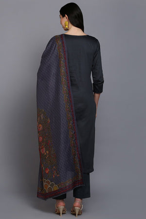 Cotton Grey Embroidered Straight Kurti Pant With Dupatta