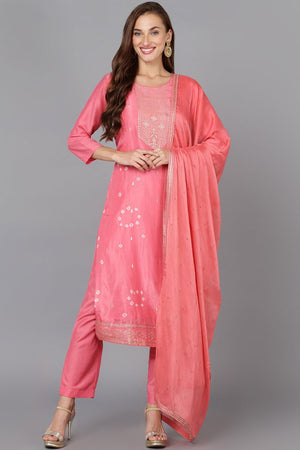 Pink Silk Blend Bandhani Printed Straight Suit Set
