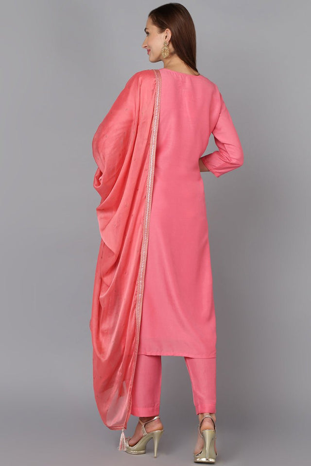 Pink Silk Blend Bandhani Printed Straight Suit Set