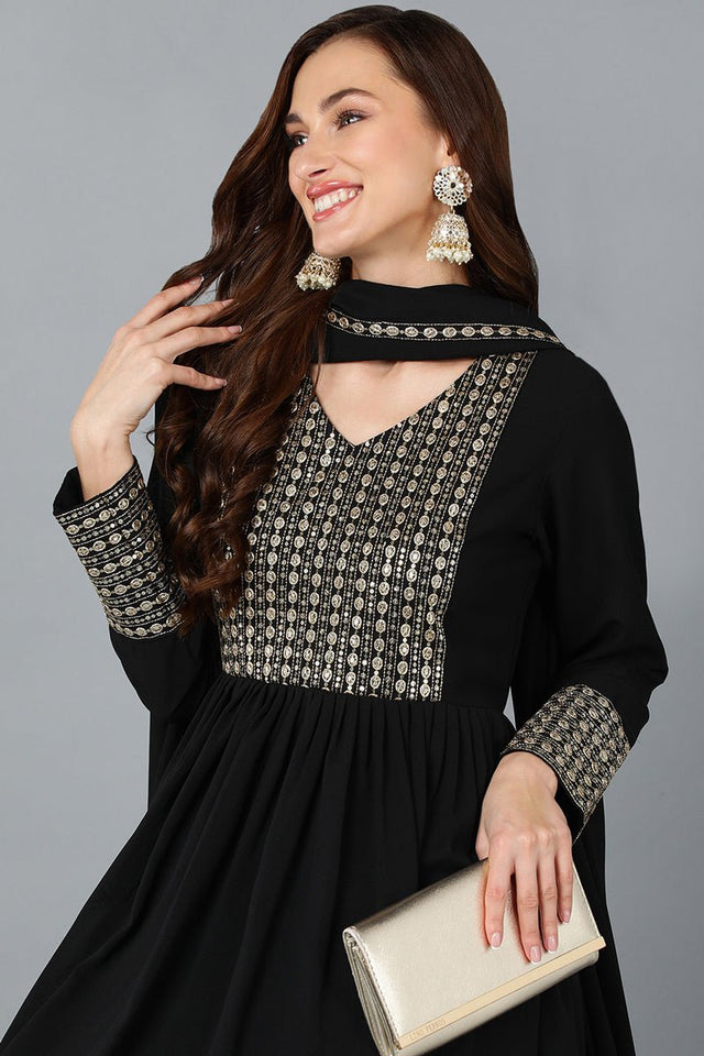 Black Georgette Sequined Flared Suit Set