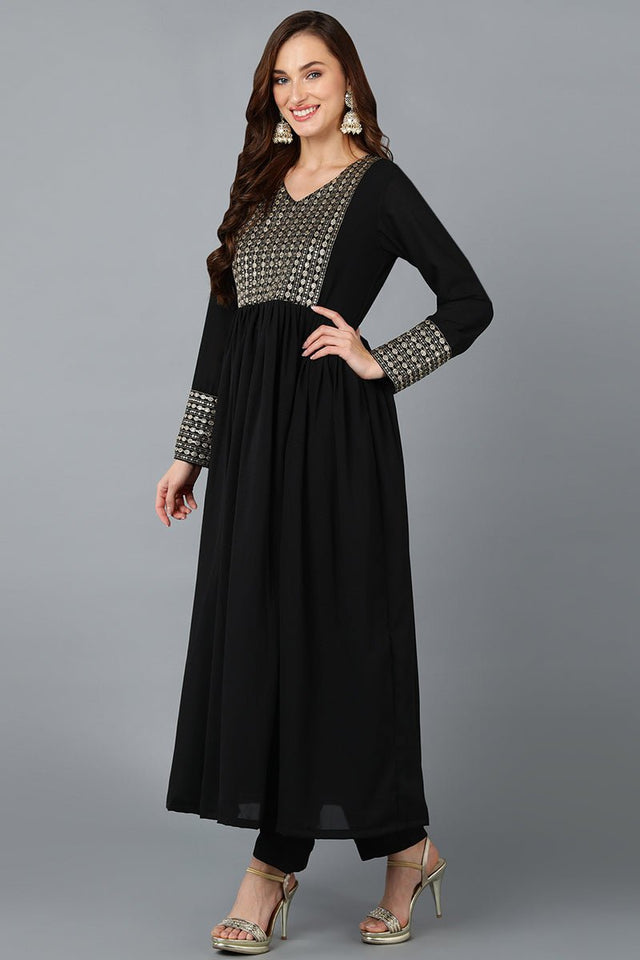 Black Georgette Sequined Flared Suit Set