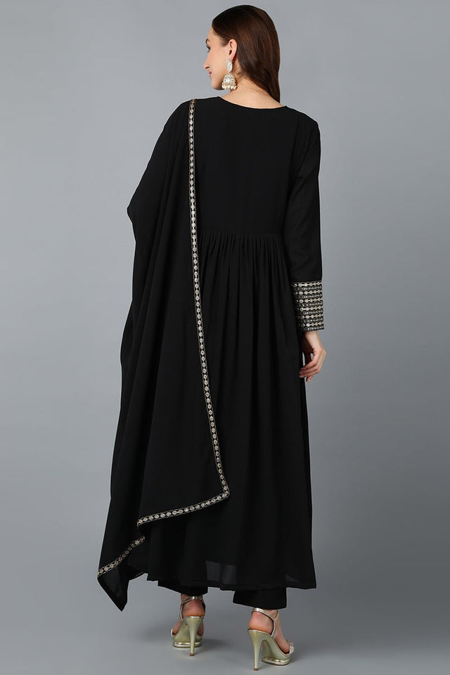 Black Georgette Sequined Flared Suit Set