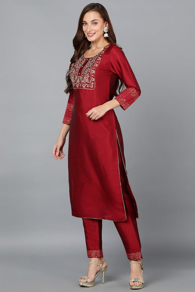 Maroon Silk Blend Yoke Design Kurti Pant Set
