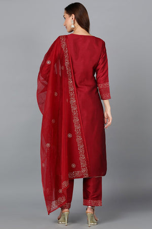 Maroon Silk Blend Yoke Design Kurti Pant Set