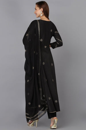 Black Silk Blend Ethnic Motifs Straight Suit Set
