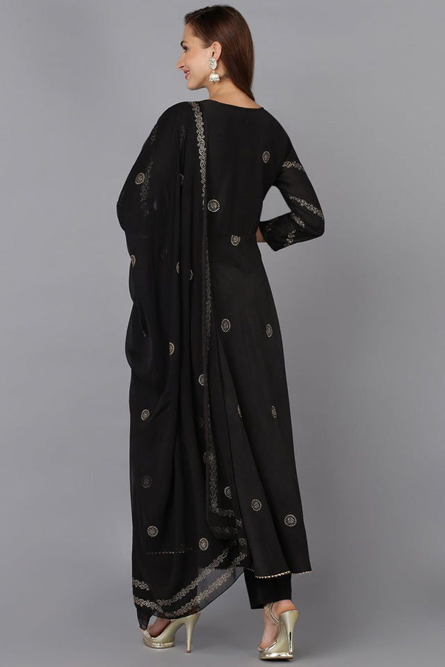 Black Silk Blend Ethnic Motifs Straight Suit Set