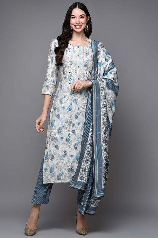 Off White Poly Chanderi Floral Straight Suit Set