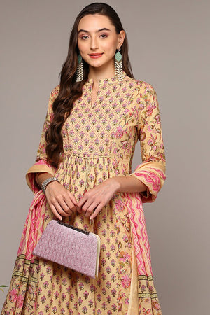 Cream Cotton Printed Flared Suit Set (N2ZVKSKD1966-S)