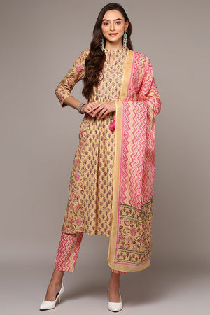 Cream Cotton Printed Flared Suit Set (N2ZVKSKD1966-S)