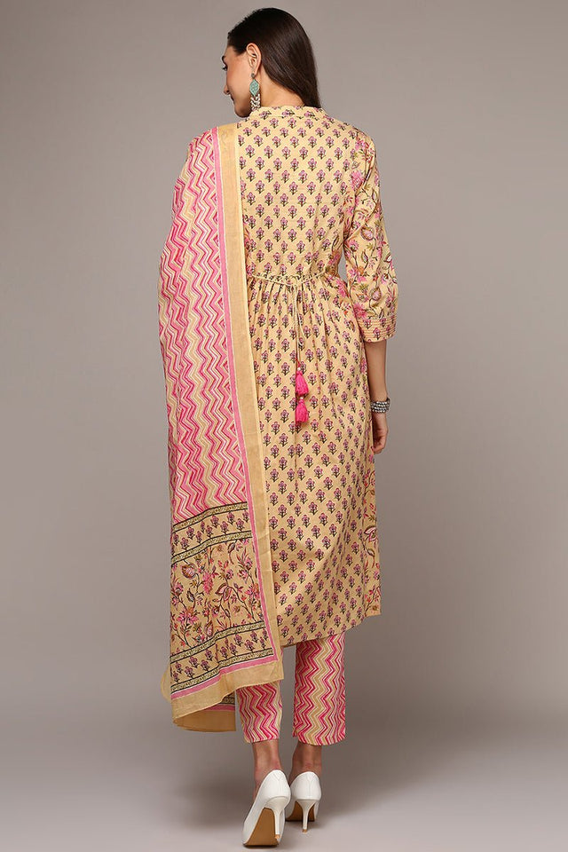 Cream Cotton Printed Flared Suit Set (N2ZVKSKD1966-S)