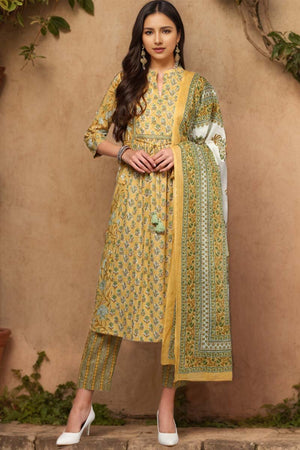 Yellow Cotton Printed Flared Suit Set