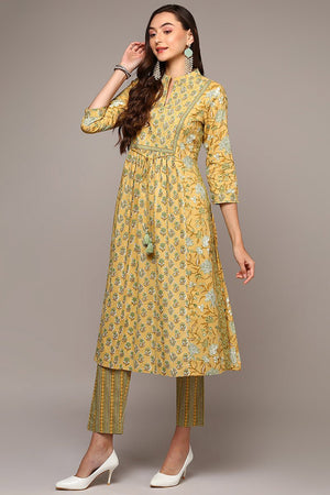 Yellow Cotton Printed Flared Suit Set