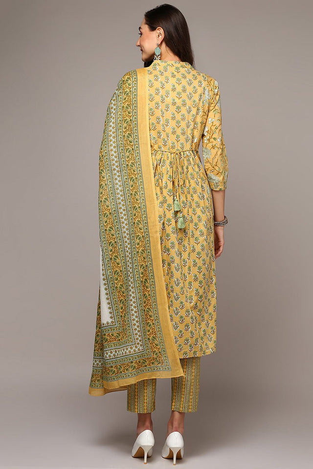 Yellow Cotton Printed Flared Suit Set