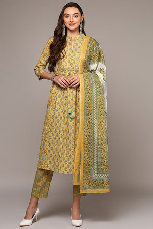 Yellow Cotton Printed Flared Suit Set