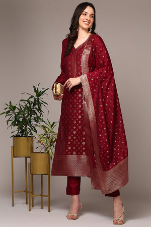 Red Poly Chanderi Woven Design Straight Suit Set