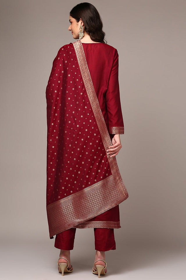 Red Poly Chanderi Woven Design Straight Suit Set