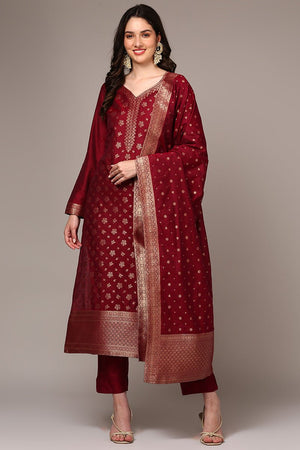 Red Poly Chanderi Woven Design Straight Suit Set