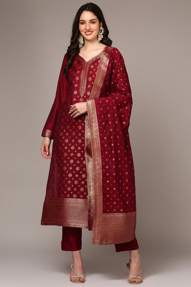 Red Poly Chanderi Woven Design Straight Suit Set