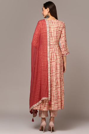 Beige Silk Blend Abstract Printed Flared Suit Set