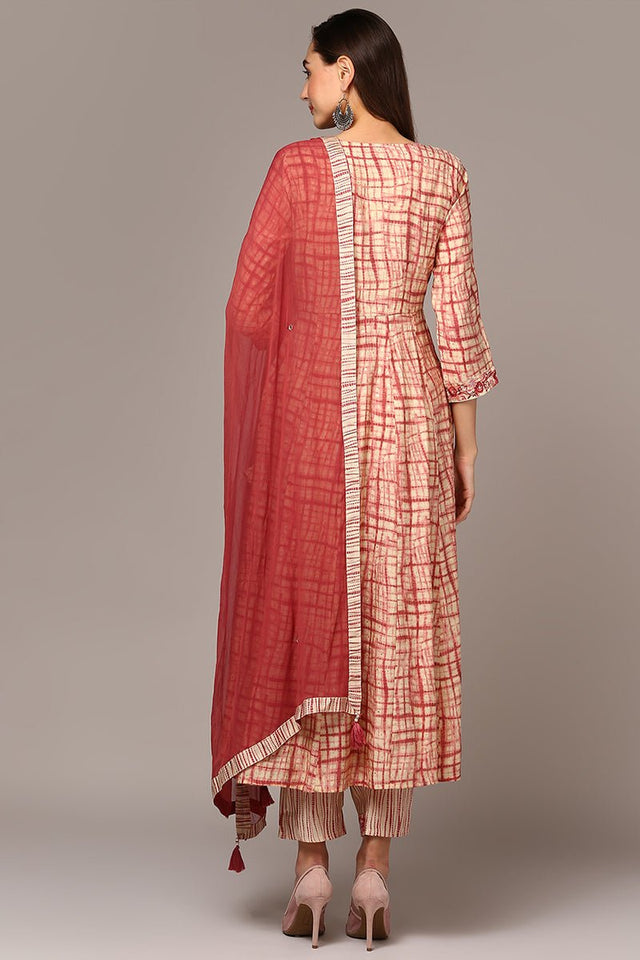 Beige Silk Blend Abstract Printed Flared Suit Set