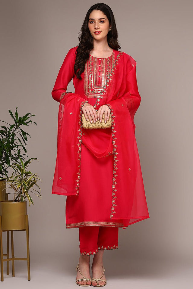 Pink Silk Blend Yoke Design Straight Suit Set (N2ZPKSKD1992-S)