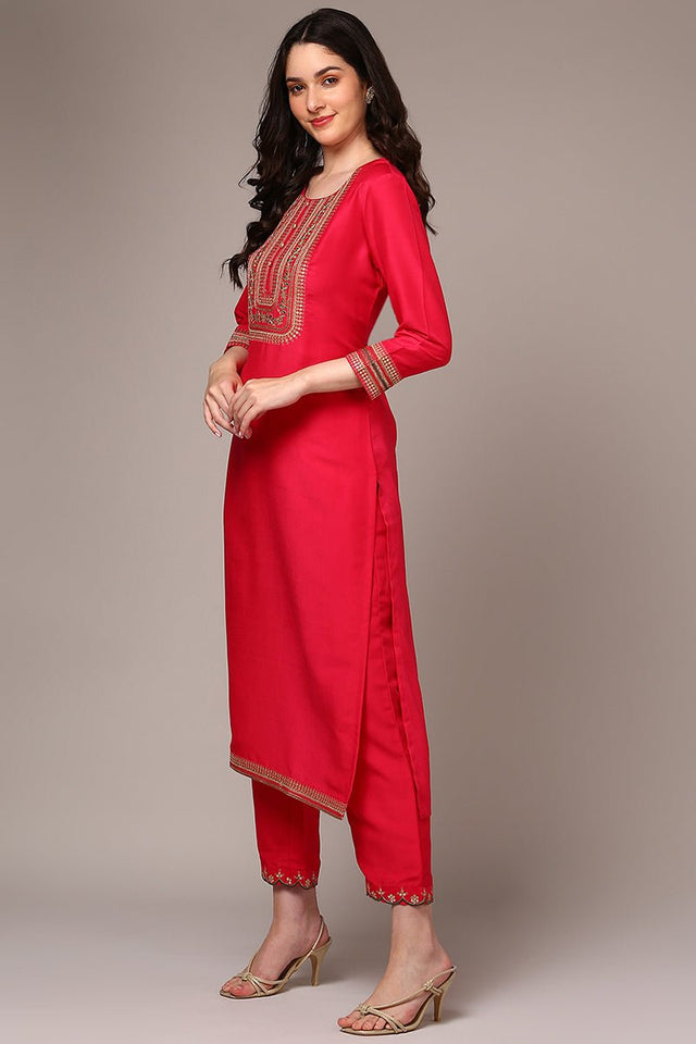 Pink Silk Blend Yoke Design Straight Suit Set (N2ZPKSKD1992-S)
