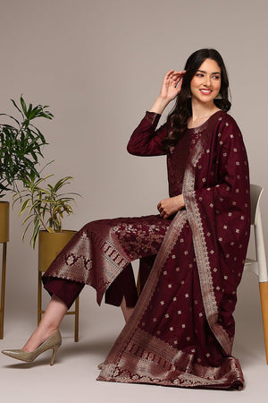 Maroon Poly Chanderi Woven Design Straight Suit Set (N2ZPKSKD1976-S)