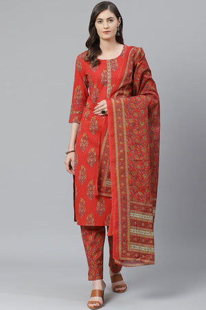 Red Floral Printed Polyester Straight Suit Set