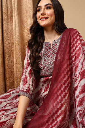 Maroon Cotton Printed Ethnic Motifs Yoke Design Suit Set