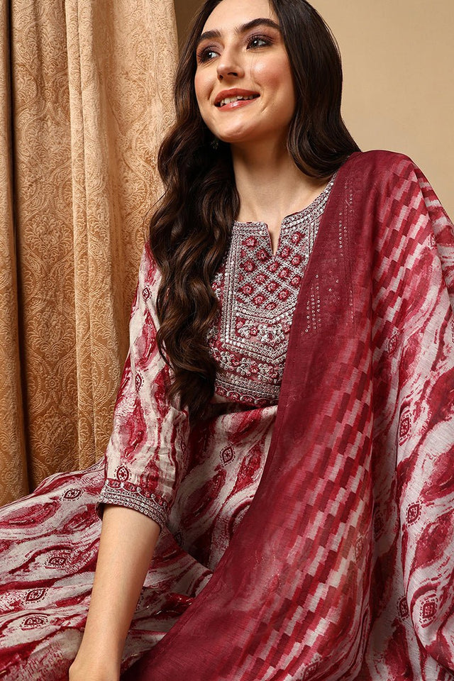 Maroon Cotton Printed Ethnic Motifs Yoke Design Suit Set