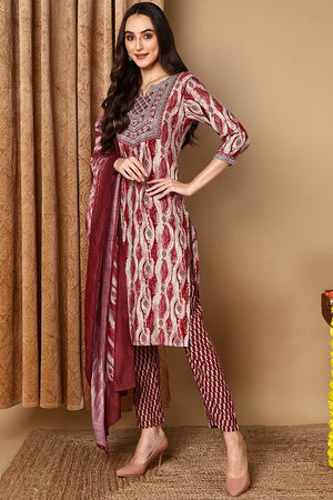 Maroon Cotton Printed Ethnic Motifs Yoke Design Suit Set