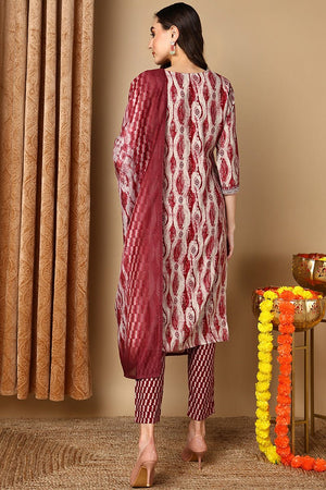 Maroon Cotton Printed Ethnic Motifs Yoke Design Suit Set