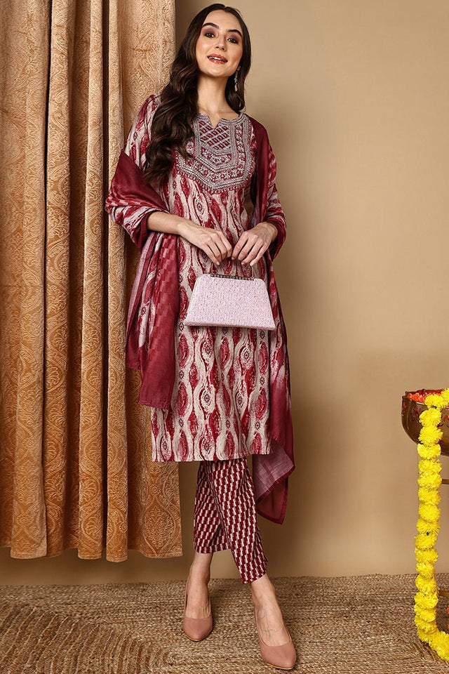 Maroon Cotton Printed Ethnic Motifs Yoke Design Suit Set