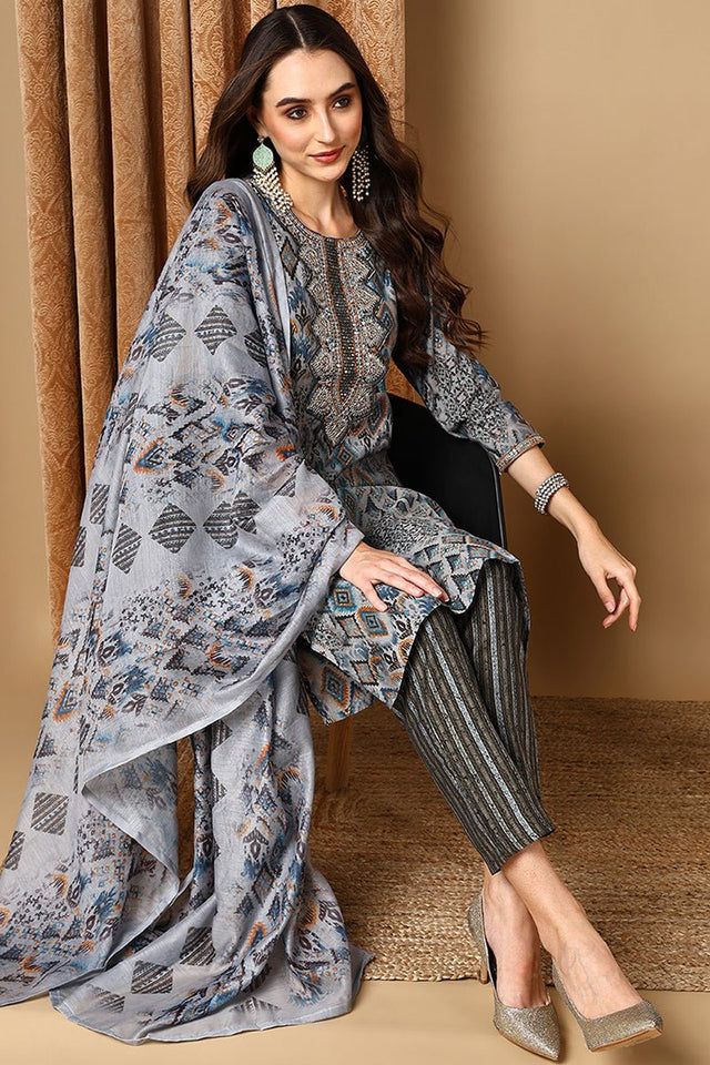 Grey Cotton Ethnic Motifs Printed Straight Suit Set