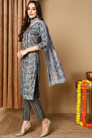 Grey Cotton Ethnic Motifs Printed Straight Suit Set