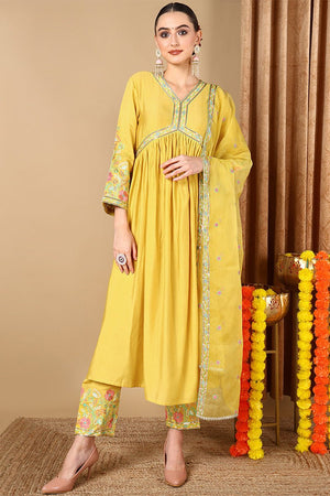 Yellow Silk Blend Embroidered Anarkali Suit Set
