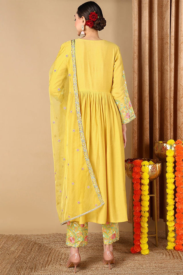 Yellow Silk Blend Embroidered Anarkali Suit Set