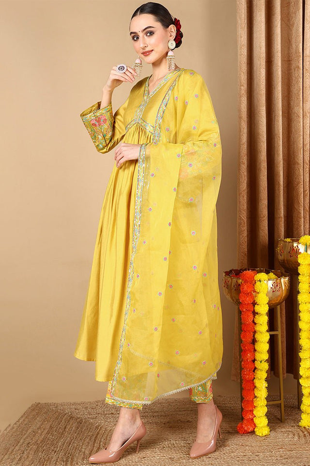 Yellow Silk Blend Embroidered Anarkali Suit Set