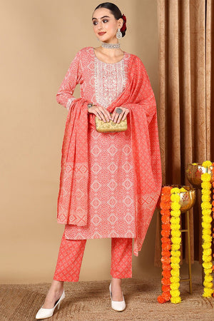 Peach Cotton Bandhani Printed Straight Suit Set
