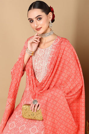 Peach Cotton Bandhani Printed Straight Suit Set