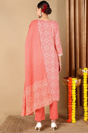 Peach Cotton Bandhani Printed Straight Suit Set