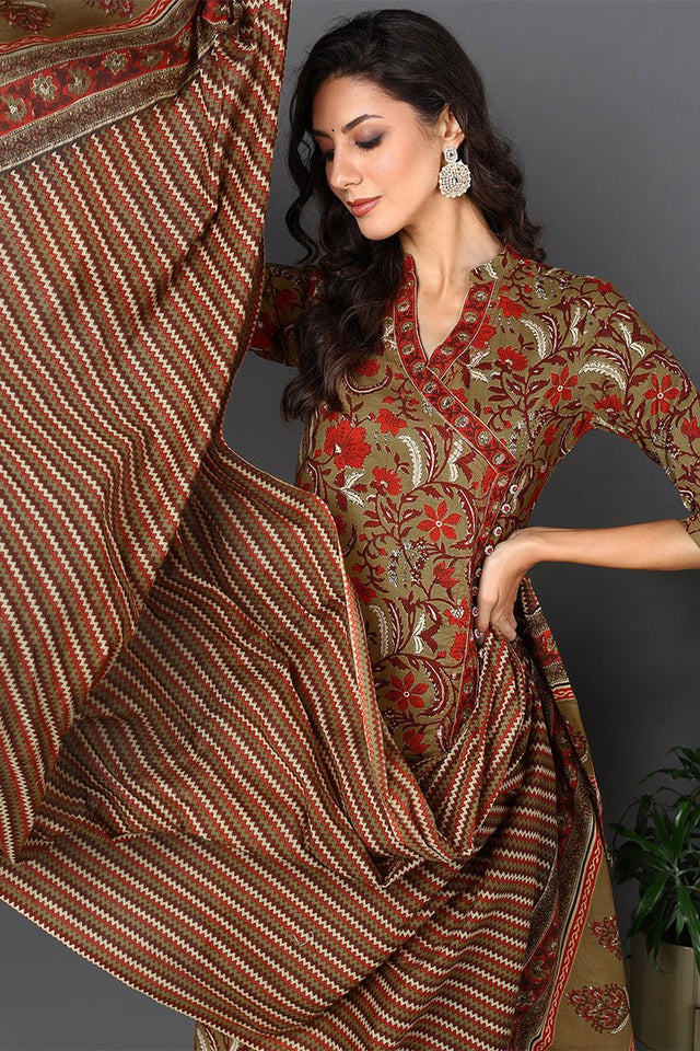 Brown Cotton Ethnic Motifs Printed Suit Set