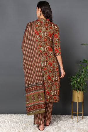 Brown Cotton Ethnic Motifs Printed Suit Set